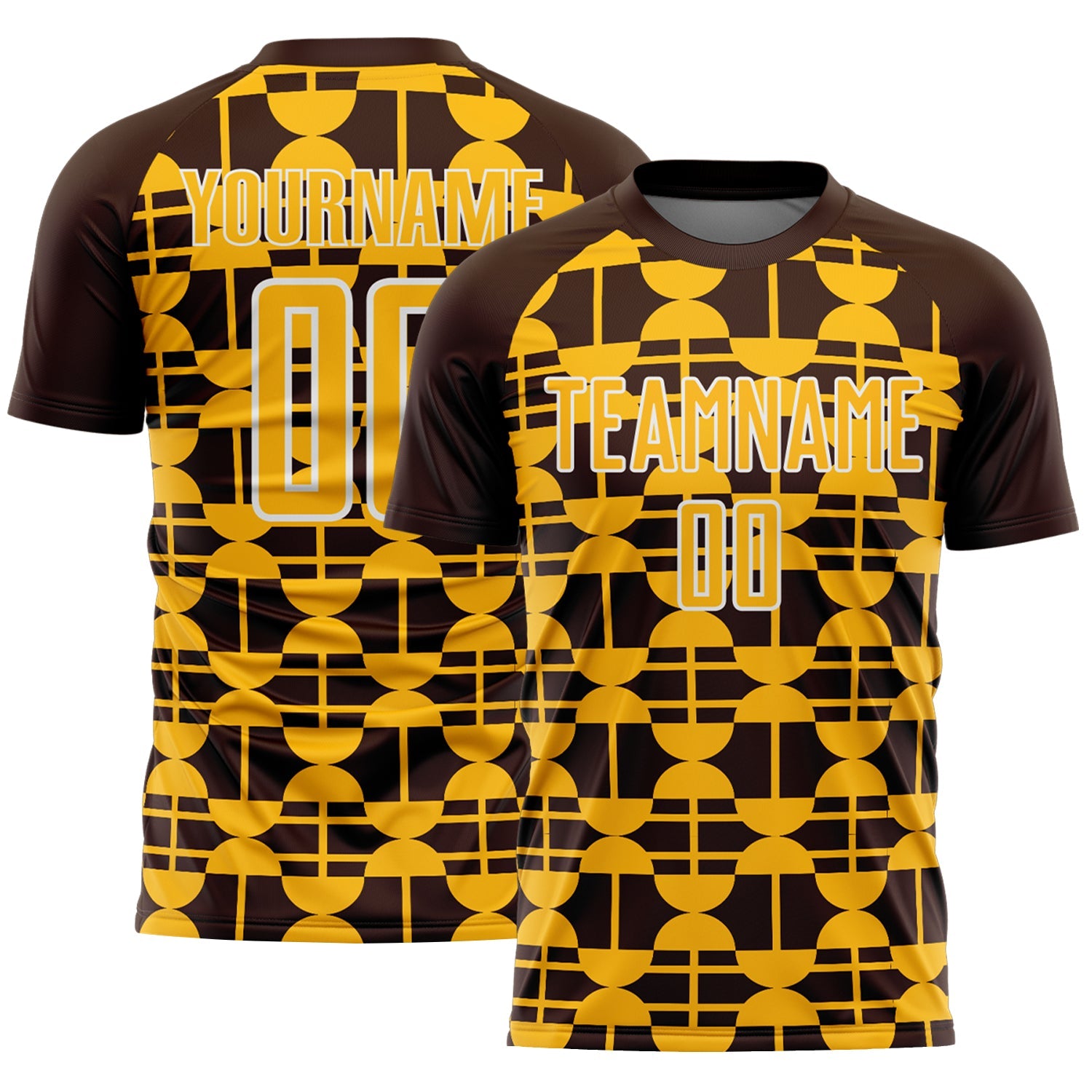 Custom Brown Gold-White Geometric Shapes Sports Sublimation Soccer Uniform Jersey - Main View
