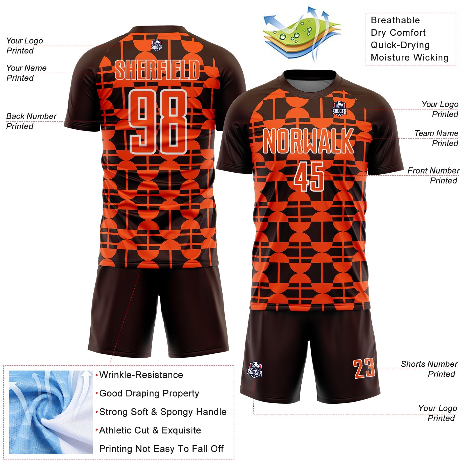Custom Brown Orange-White Geometric Shapes Sports Sublimation Soccer Uniform Jersey view 4