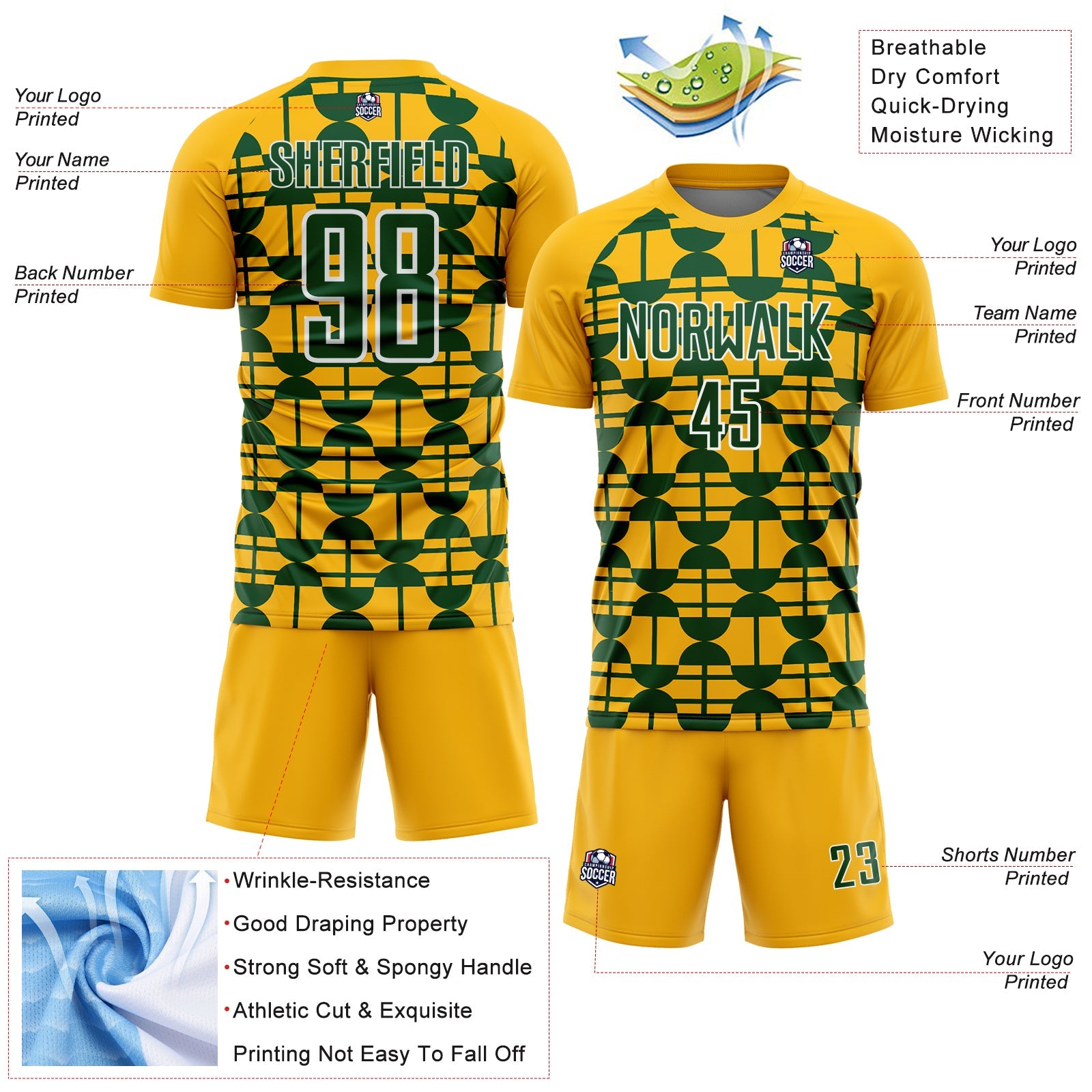 Custom Gold Green-White Geometric Shapes Sports Sublimation Soccer Uniform Jersey view 4
