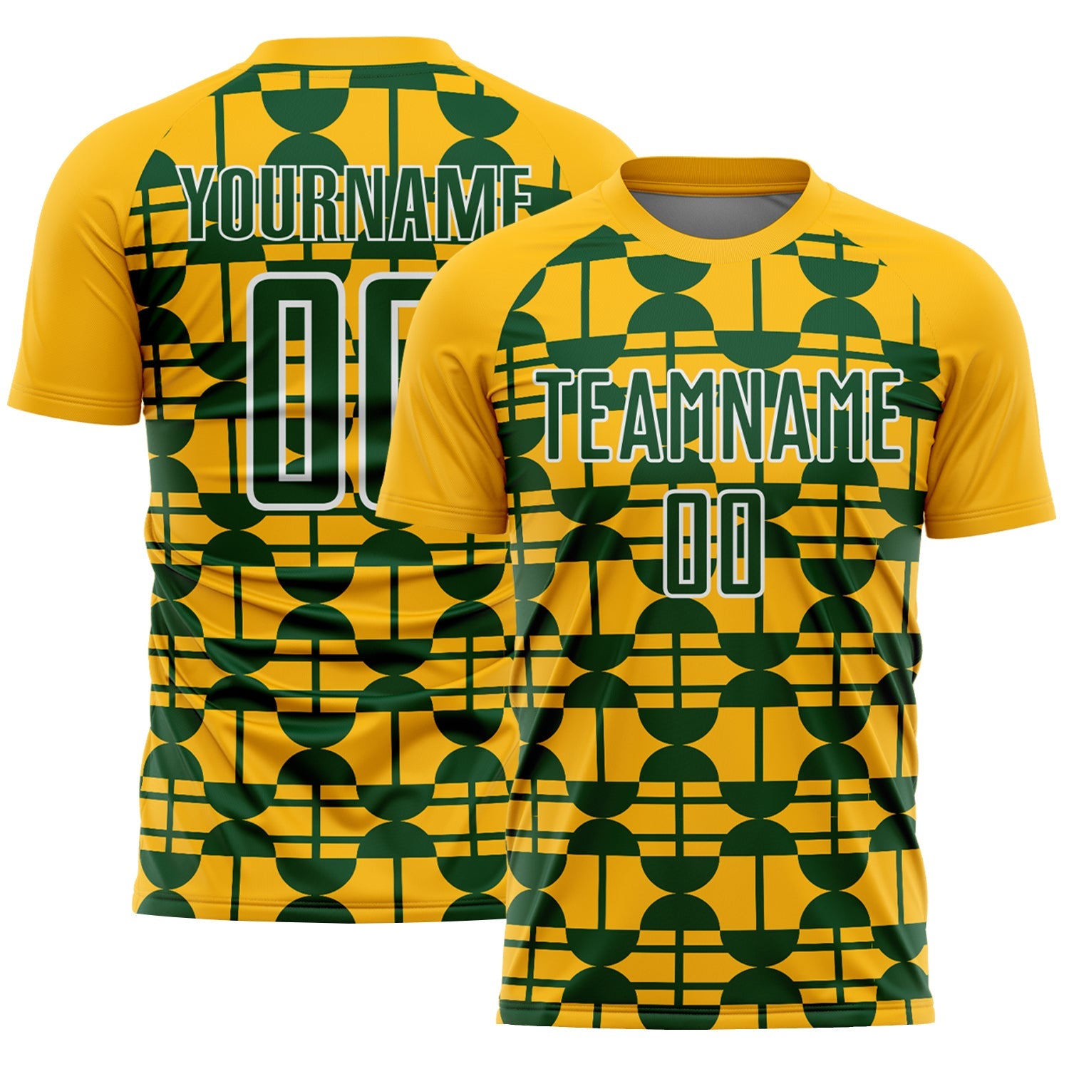 Custom Gold Green-White Geometric Shapes Sports Sublimation Soccer Uniform Jersey - Main View