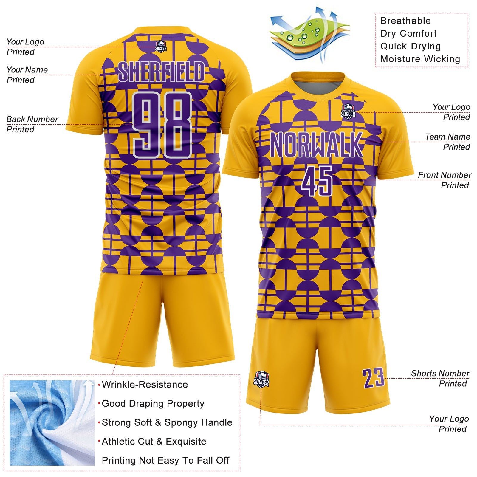 Custom Gold Purple-White Geometric Shapes Sports Sublimation Soccer Uniform Jersey view 4