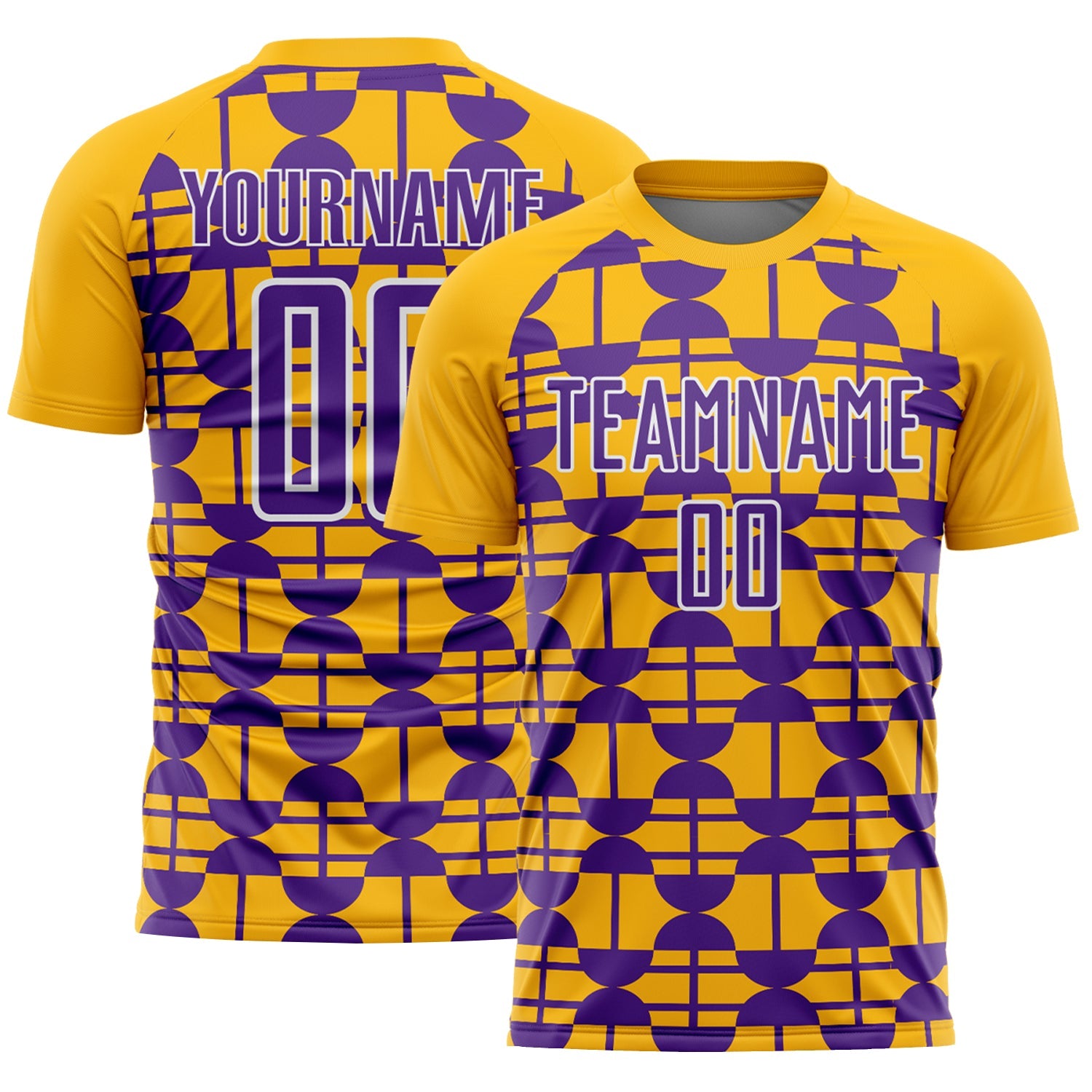 Custom Gold Purple-White Geometric Shapes Sports Sublimation Soccer Uniform Jersey - Main View