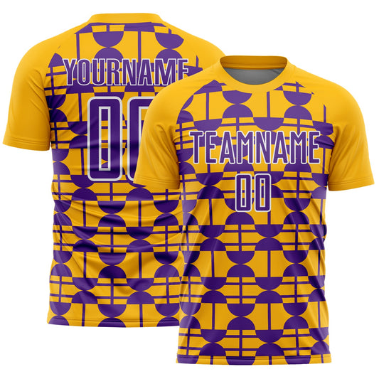 Custom Gold Purple-White Geometric Shapes Sports Sublimation Soccer Uniform Jersey - Main View