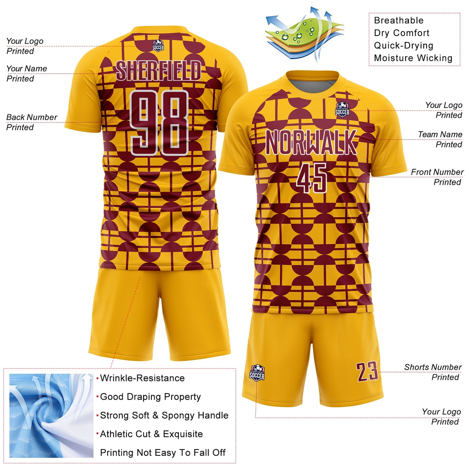 Custom Gold Crimson-White Geometric Shapes Sports Sublimation Soccer Uniform Jersey view 4
