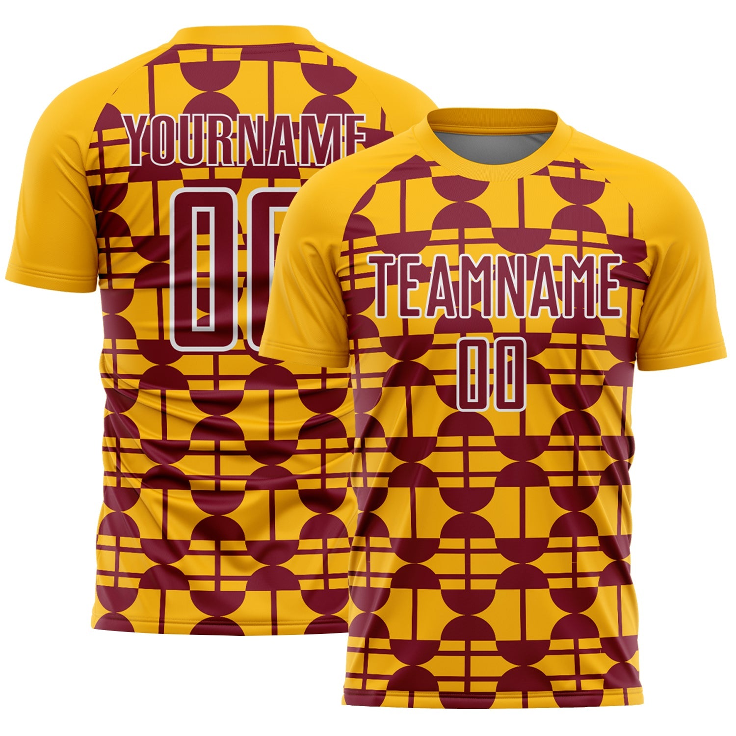 Custom Gold Crimson-White Geometric Shapes Sports Sublimation Soccer Uniform Jersey - Main View
