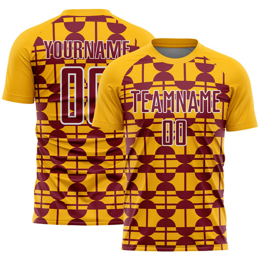 Custom Gold Crimson-White Geometric Shapes Sports Sublimation Soccer Uniform Jersey - Main View