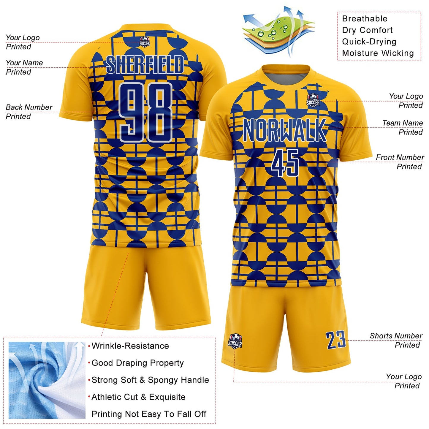 Custom Gold Royal-White Geometric Shapes Sports Sublimation Soccer Uniform Jersey view 4