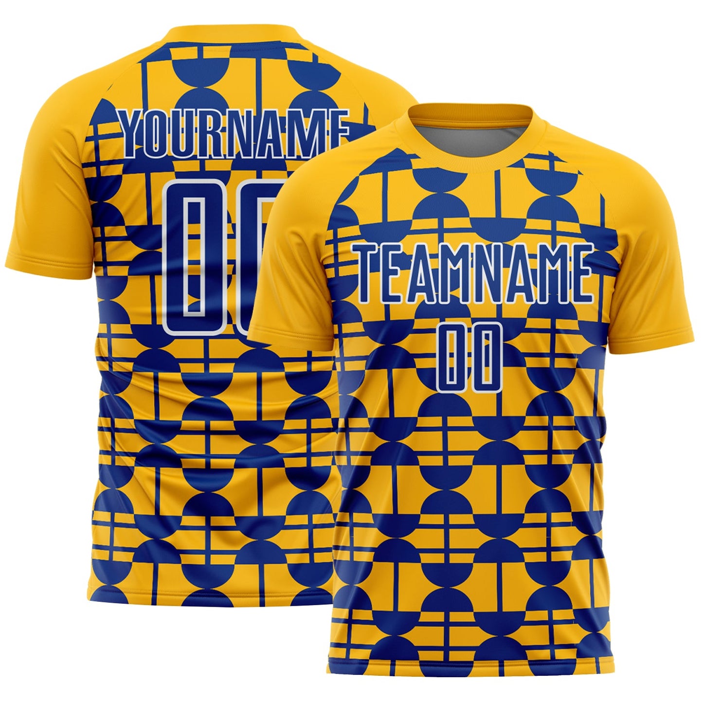 Custom Gold Royal-White Geometric Shapes Sports Sublimation Soccer Uniform Jersey - Main View