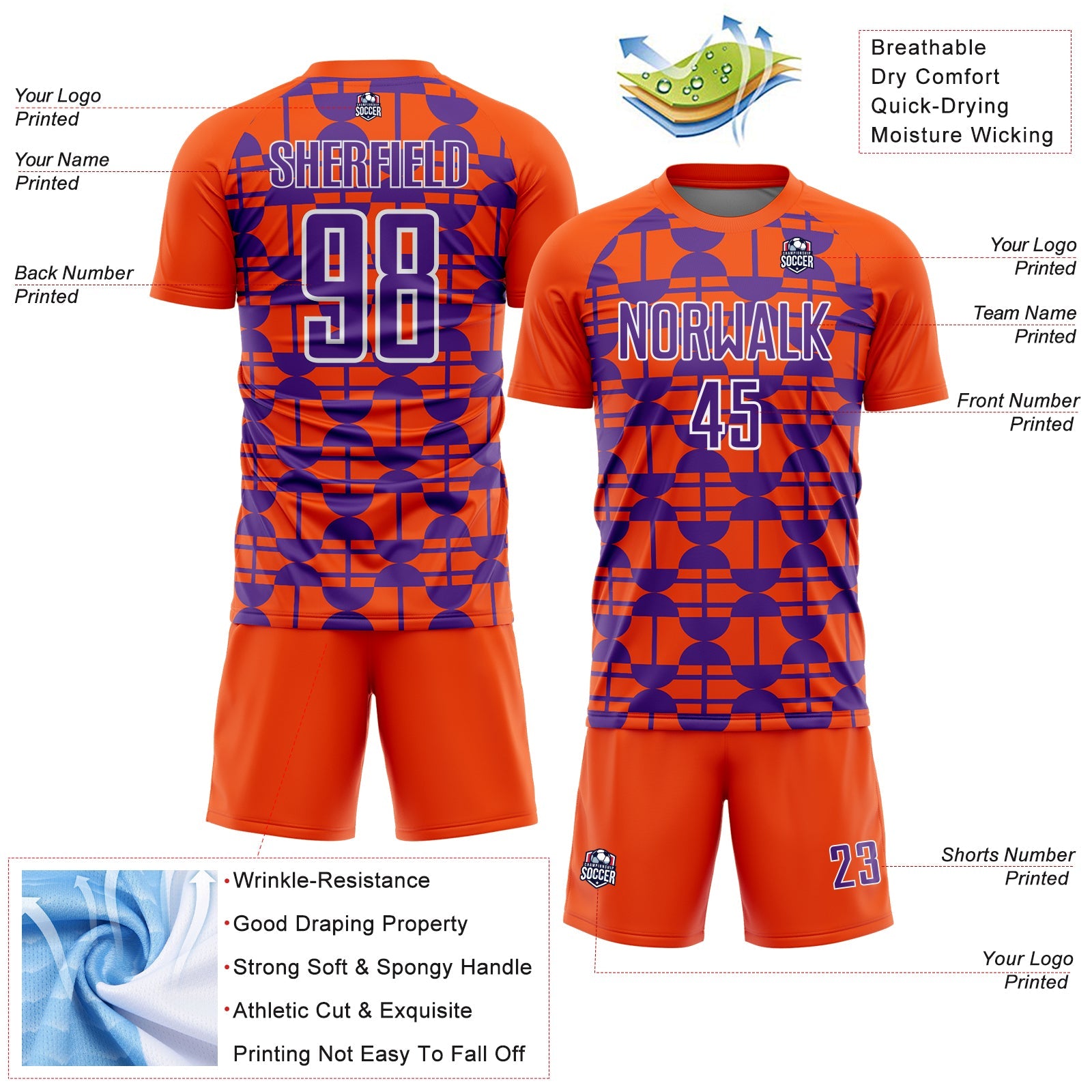 Custom Orange Purple-White Geometric Shapes Sports Sublimation Soccer Uniform Jersey view 4