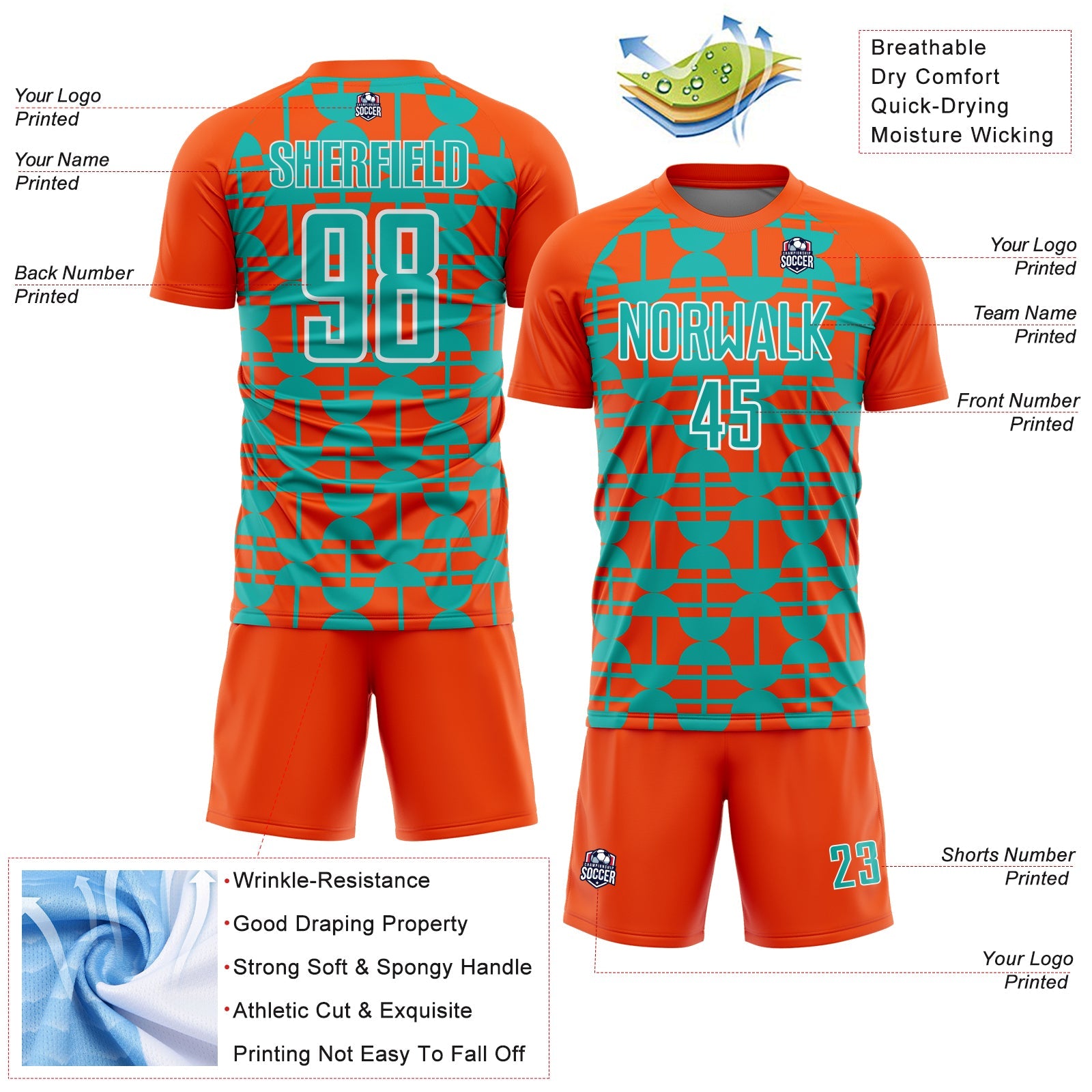 Custom Orange Aqua-White Geometric Shapes Sports Sublimation Soccer Uniform Jersey view 4