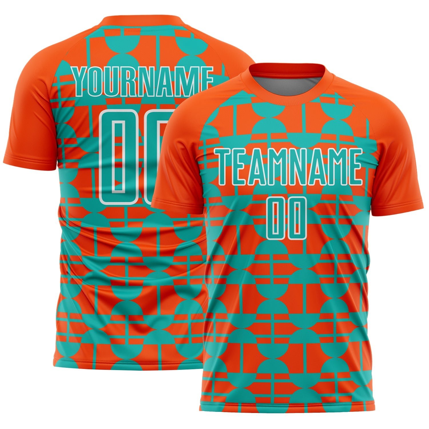 Custom Orange Aqua-White Geometric Shapes Sports Sublimation Soccer Uniform Jersey - Main View