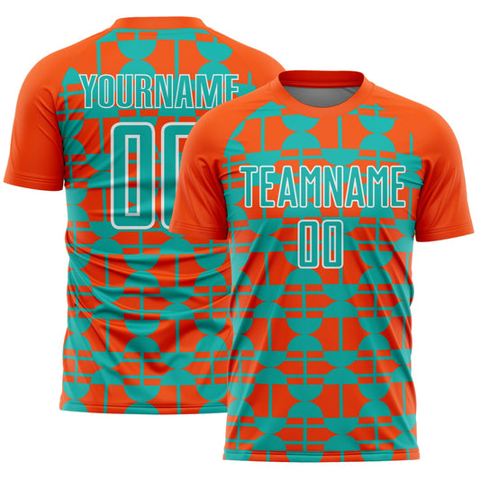 Custom Orange Aqua-White Geometric Shapes Sports Sublimation Soccer Uniform Jersey - Main View