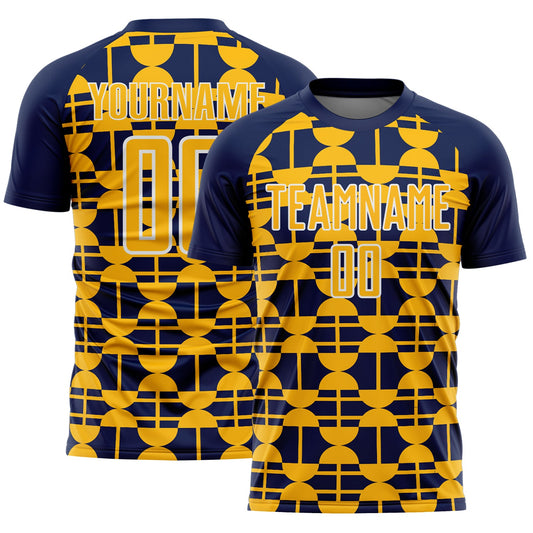 Custom Navy Gold-White Geometric Shapes Sports Sublimation Soccer Uniform Jersey - Main View