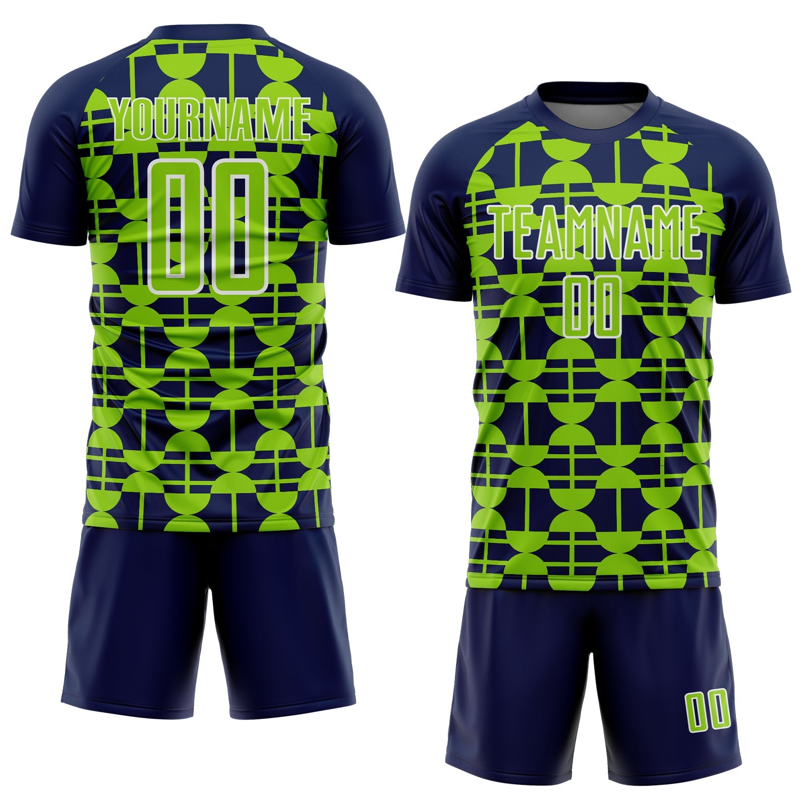 Custom Navy Neon Green-White Geometric Shapes Sports Sublimation Soccer Uniform Jersey view 2