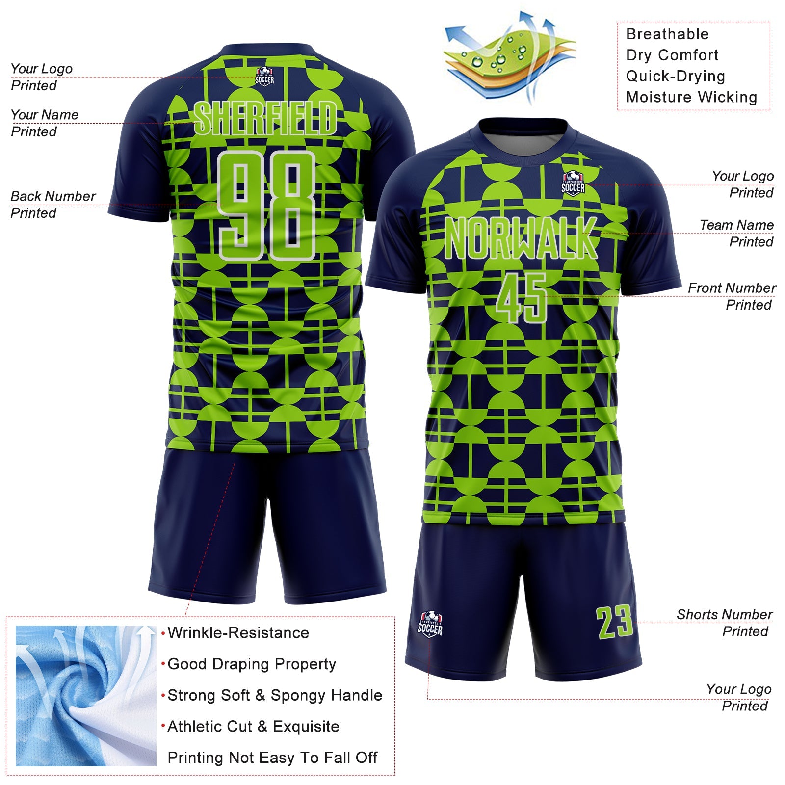 Custom Navy Neon Green-White Geometric Shapes Sports Sublimation Soccer Uniform Jersey view 4