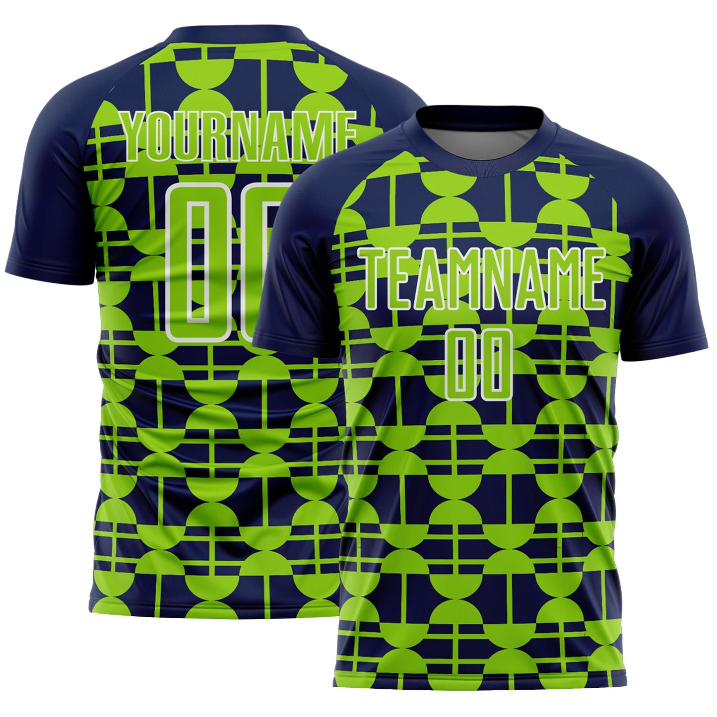 Custom Navy Neon Green-White Geometric Shapes Sports Sublimation Soccer Uniform Jersey - Main View