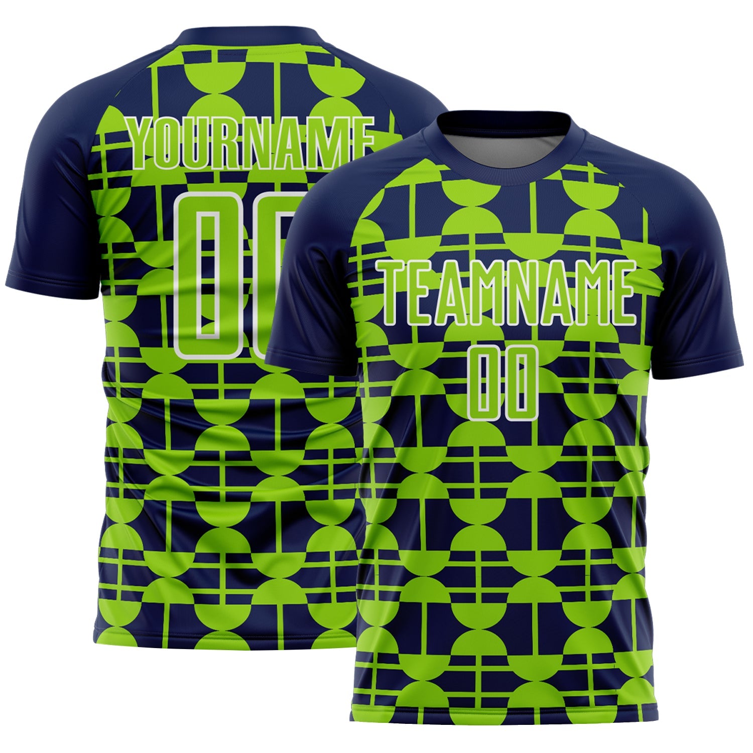 Custom Navy Neon Green-White Geometric Shapes Sports Sublimation Soccer Uniform Jersey - Main View