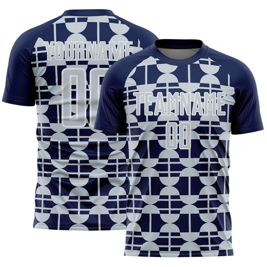 Custom Navy Silver-White Geometric Shapes Sports Sublimation Soccer Uniform Jersey - Main View