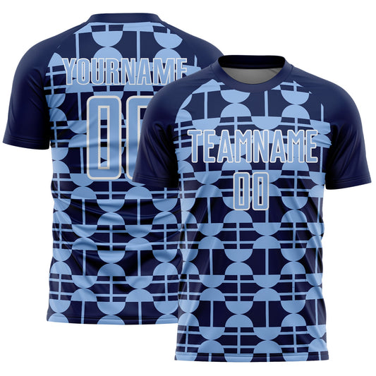 Custom Navy Light Blue-White Geometric Shapes Sports Sublimation Soccer Uniform Jersey - Main View