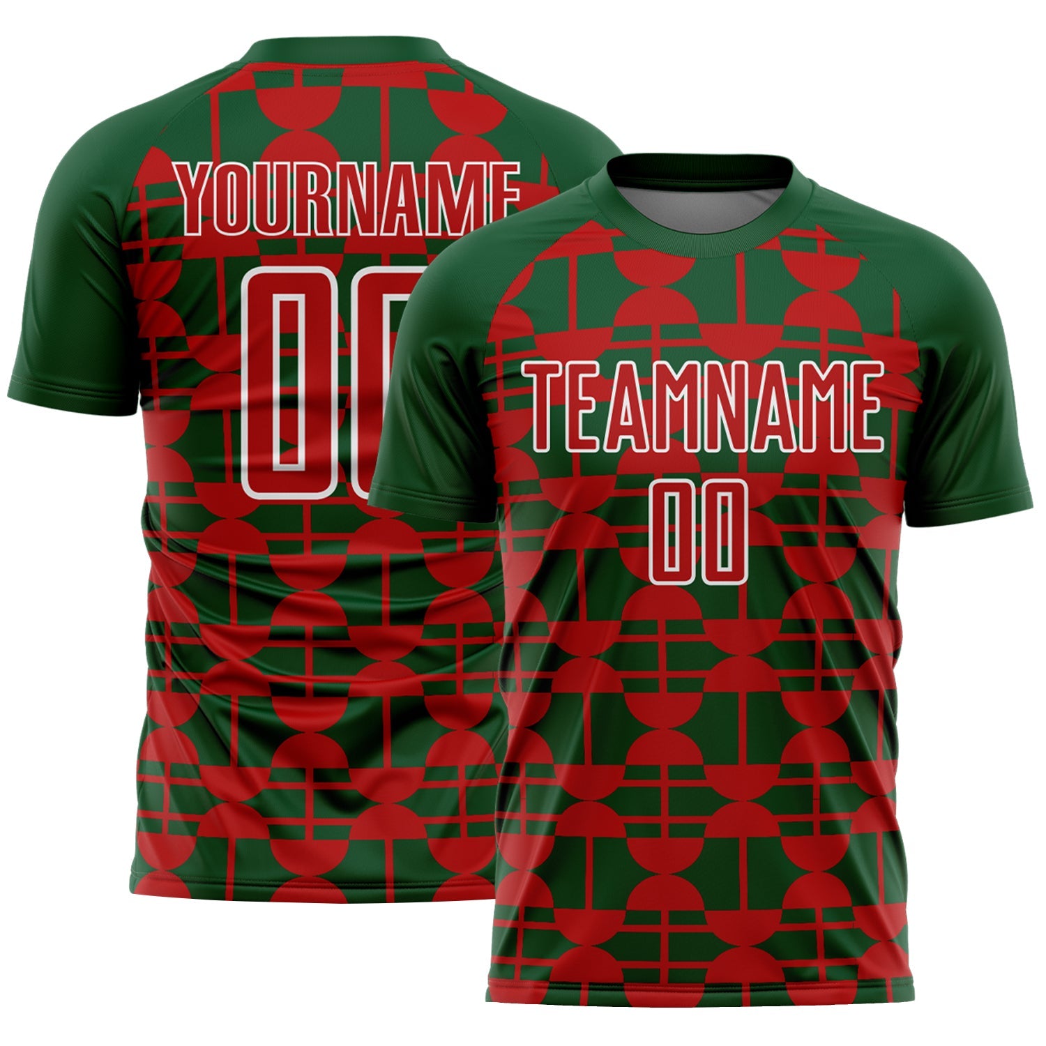 Custom Green Red-White Geometric Shapes Sports Sublimation Soccer Uniform Jersey - Main View