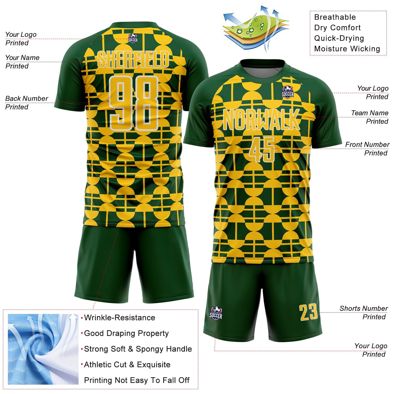 Custom Green Yellow-White Geometric Shapes Sports Sublimation Soccer Uniform Jersey view 4