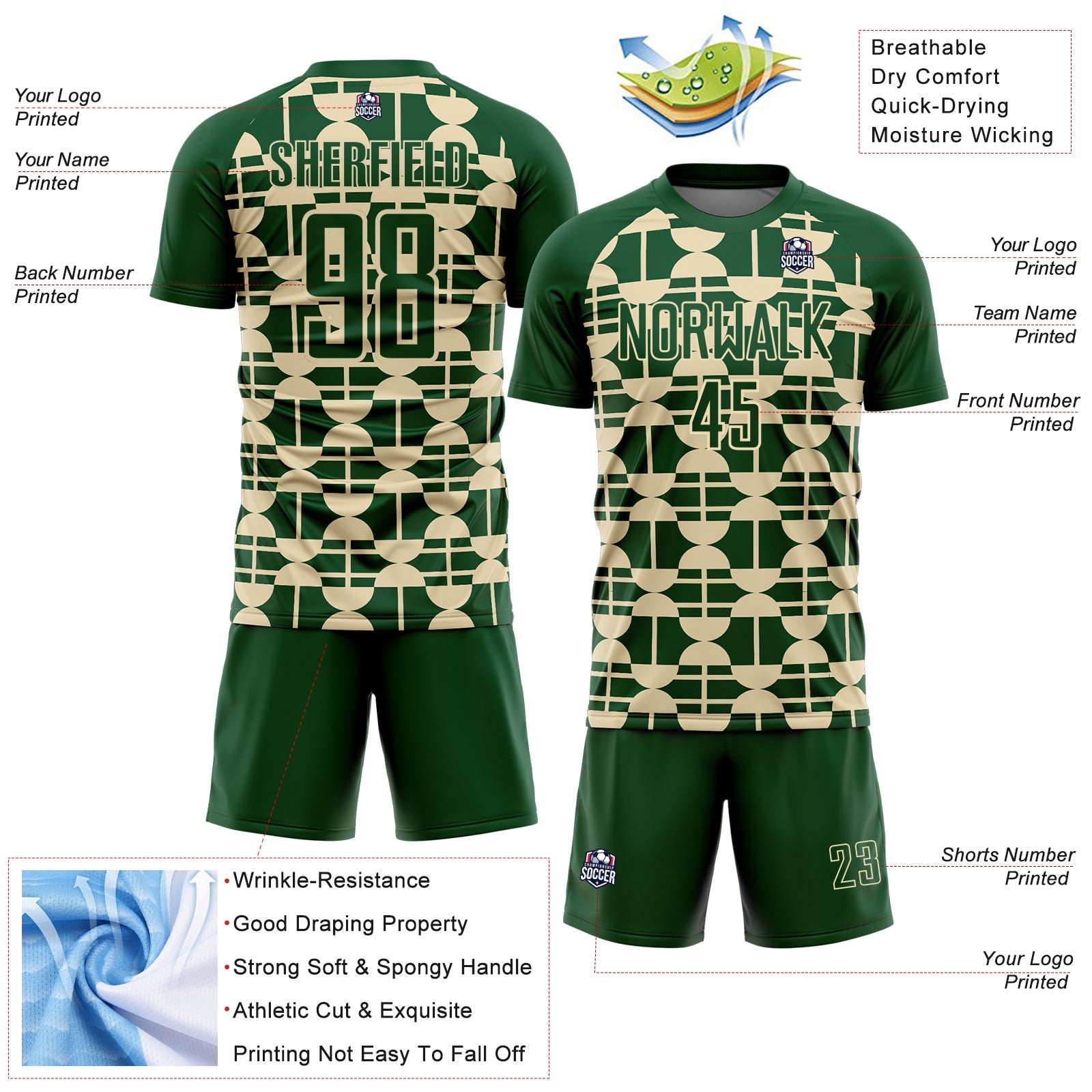 Custom Green Cream Geometric Shapes Sports Sublimation Soccer Uniform Jersey view 4