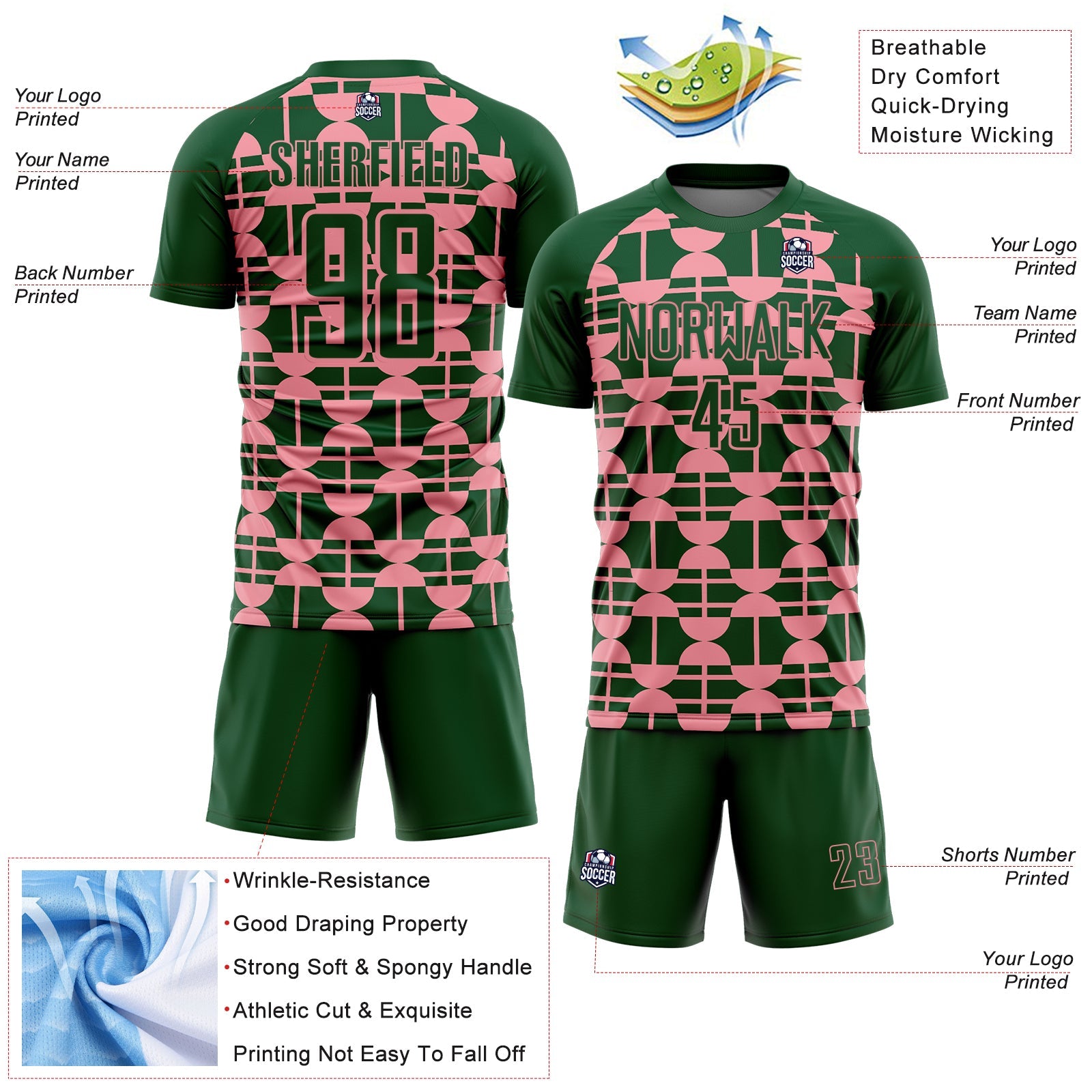 Custom Green Medium Pink Geometric Shapes Sports Sublimation Soccer Uniform Jersey view 4