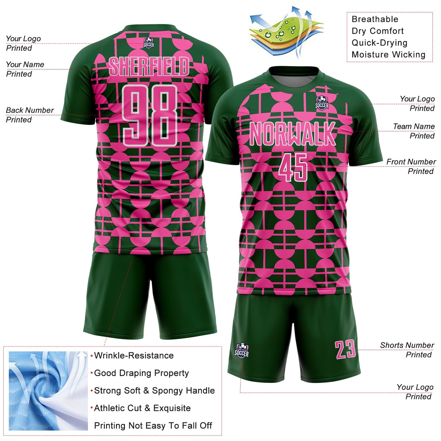 Custom Green Pink-White Geometric Shapes Sports Sublimation Soccer Uniform Jersey view 4