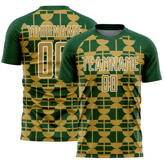 Custom Green Old Gold-White Geometric Shapes Sports Sublimation Soccer Uniform Jersey - Main View