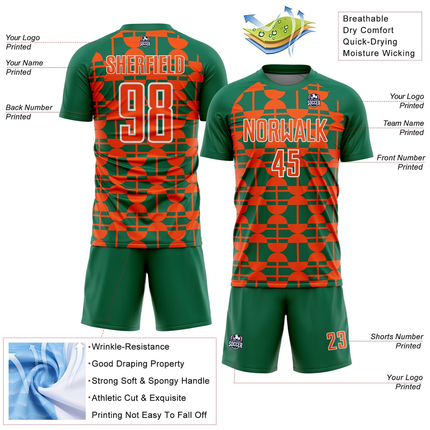 Custom Kelly Green Orange-White Geometric Shapes Sports Sublimation Soccer Uniform Jersey view 4