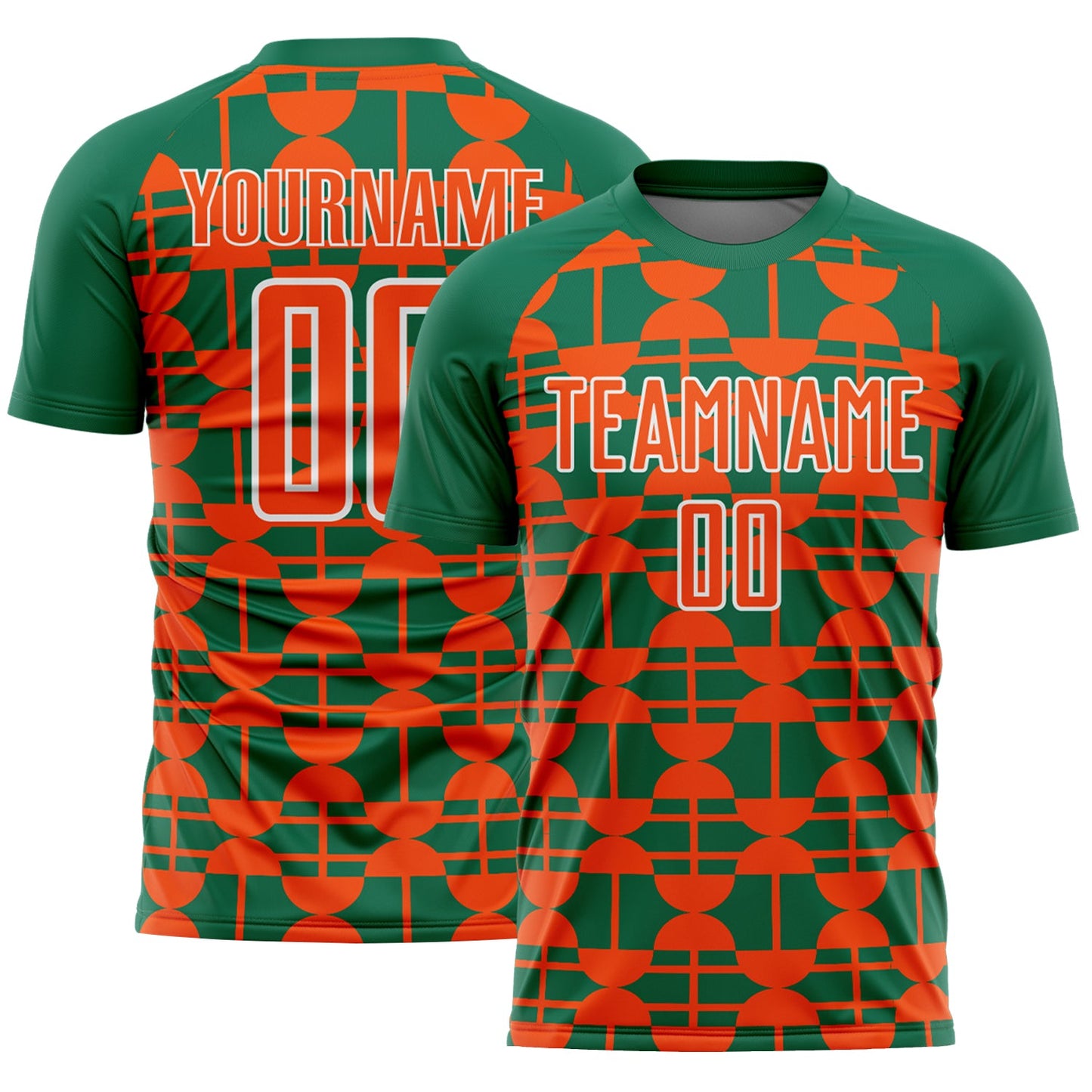 Custom Kelly Green Orange-White Geometric Shapes Sports Sublimation Soccer Uniform Jersey - Main View
