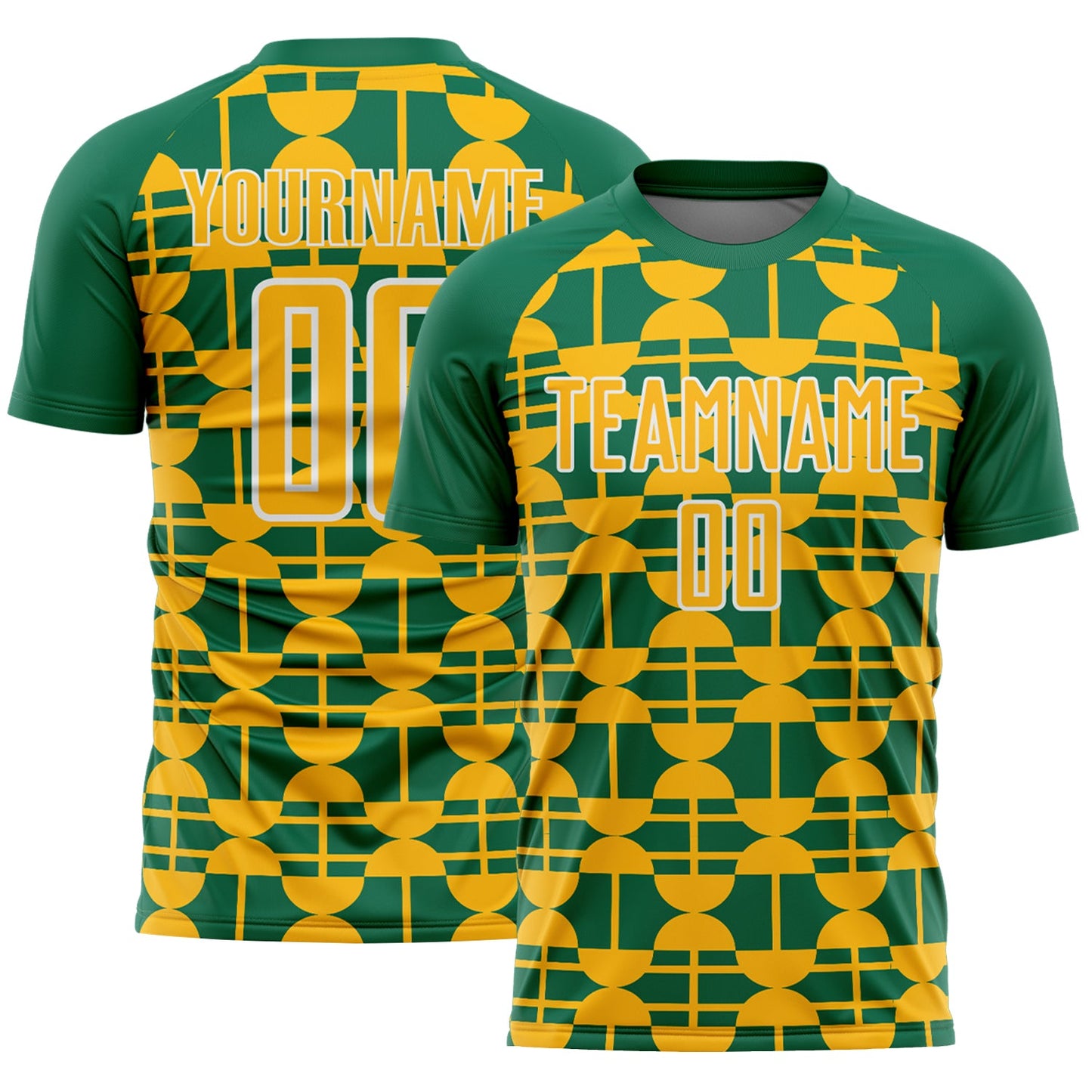 Custom Kelly Green Gold-White Geometric Shapes Sports Sublimation Soccer Uniform Jersey - Main View