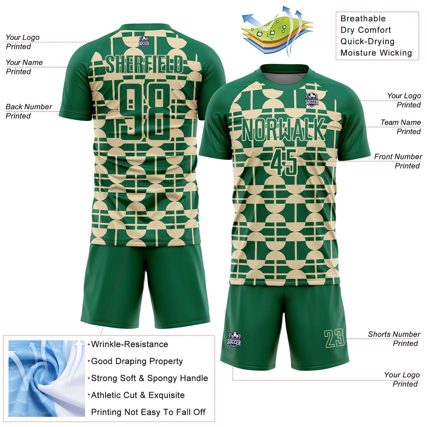 Custom Kelly Green Cream Geometric Shapes Sports Sublimation Soccer Uniform Jersey view 4