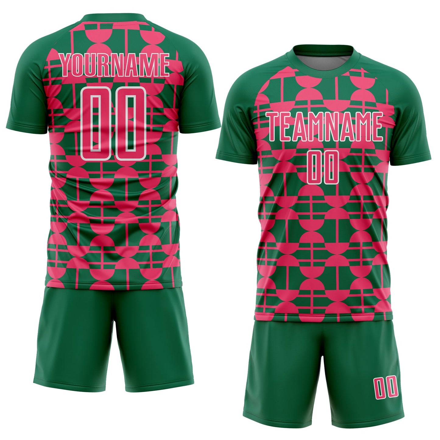 Custom Kelly Green Neon Pink-White Geometric Shapes Sports Sublimation Soccer Uniform Jersey view 2