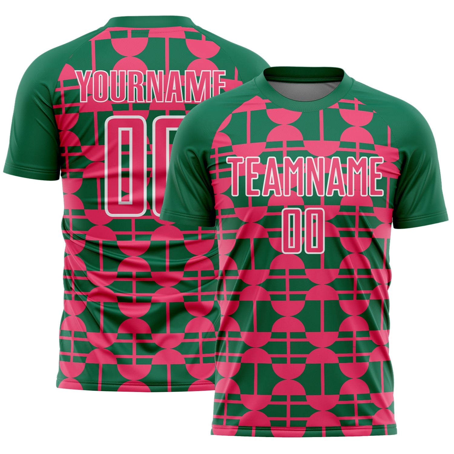 Custom Kelly Green Neon Pink-White Geometric Shapes Sports Sublimation Soccer Uniform Jersey - Main View