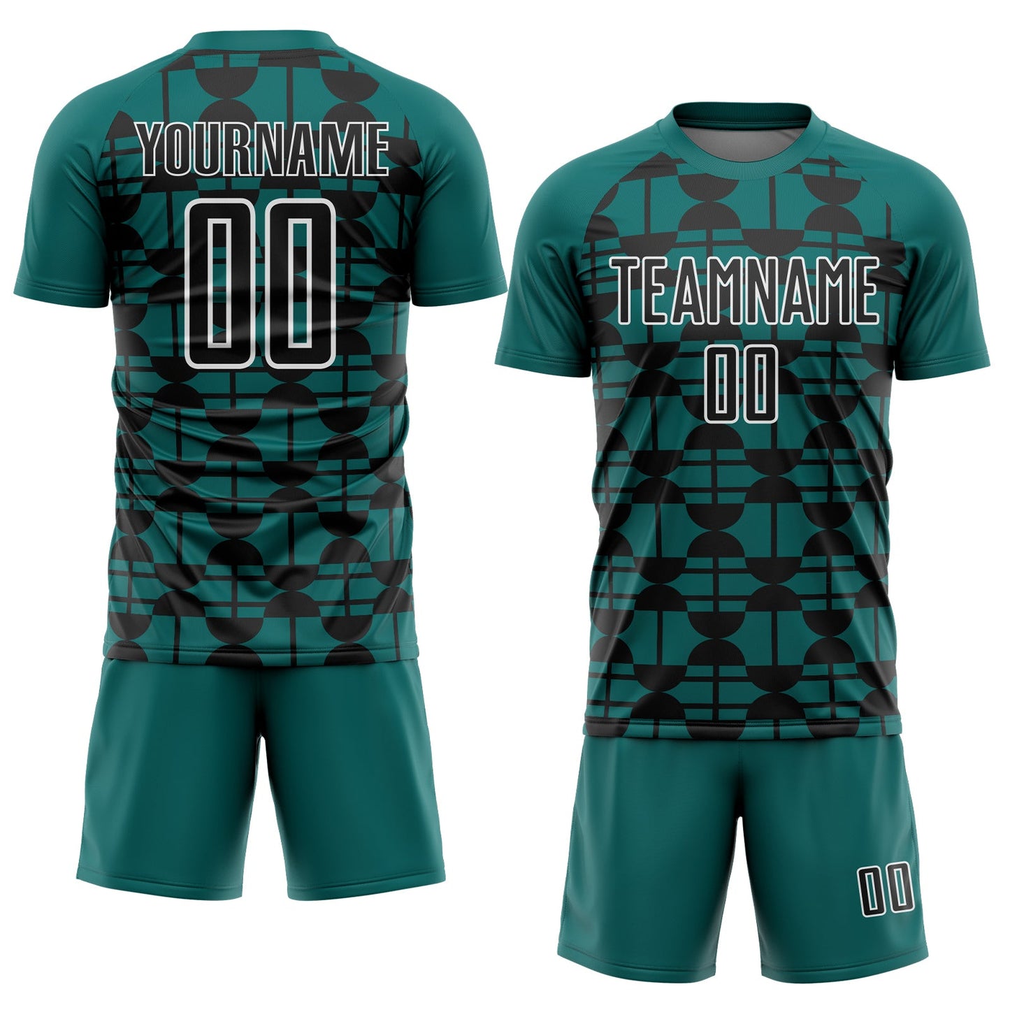 Custom Teal Black-White Geometric Shapes Sports Sublimation Soccer Uniform Jersey view 2