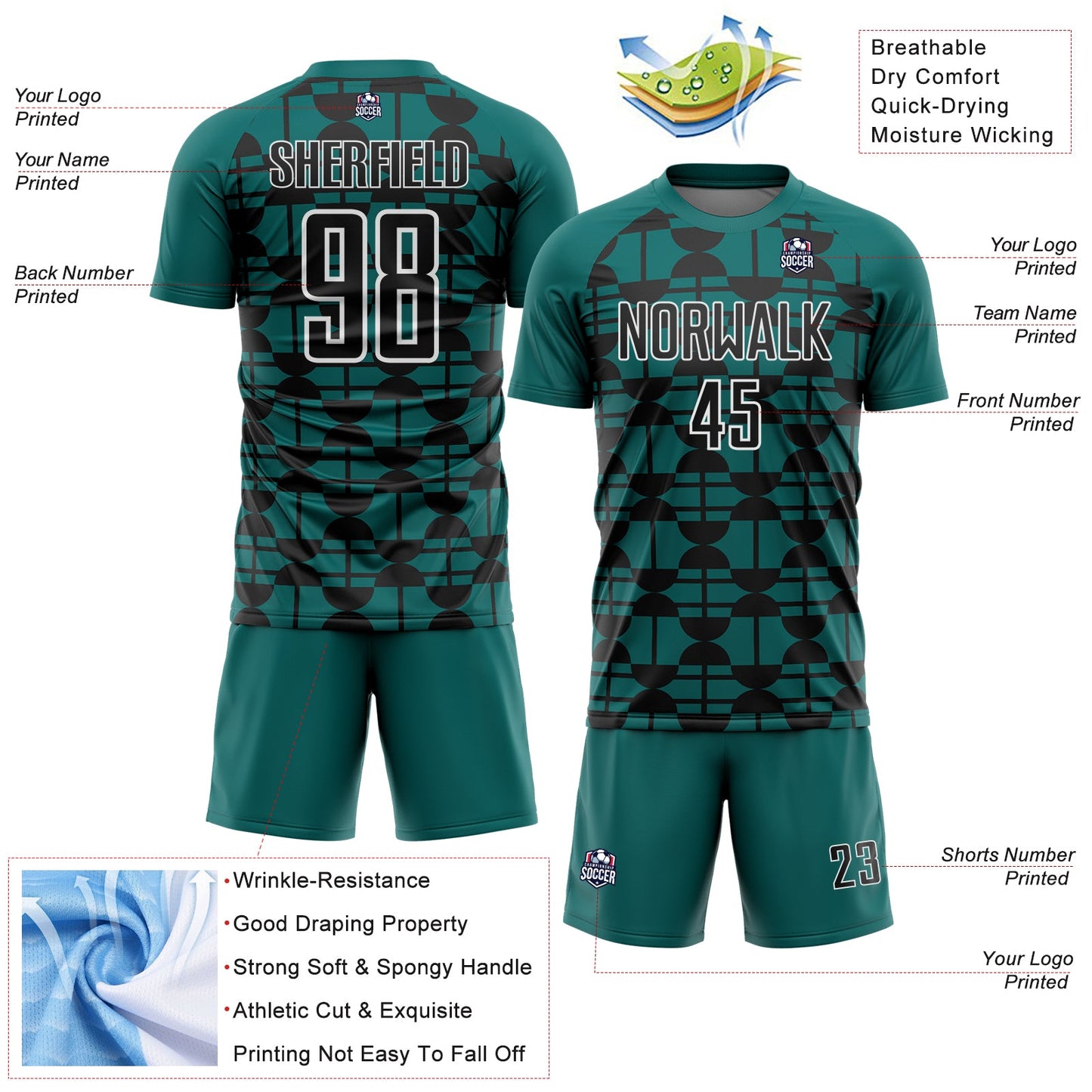 Custom Teal Black-White Geometric Shapes Sports Sublimation Soccer Uniform Jersey view 4
