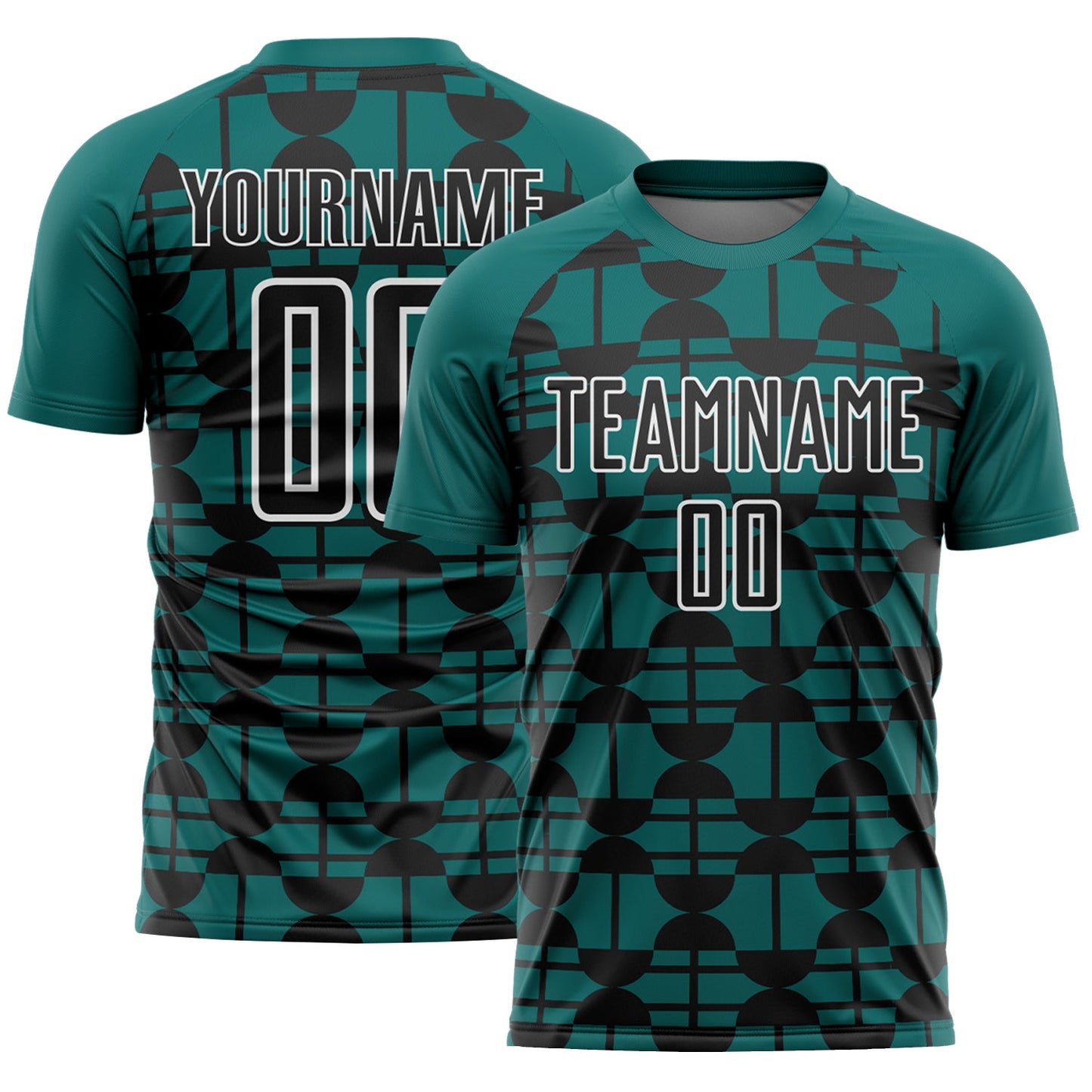 Custom Teal Black-White Geometric Shapes Sports Sublimation Soccer Uniform Jersey - Main View