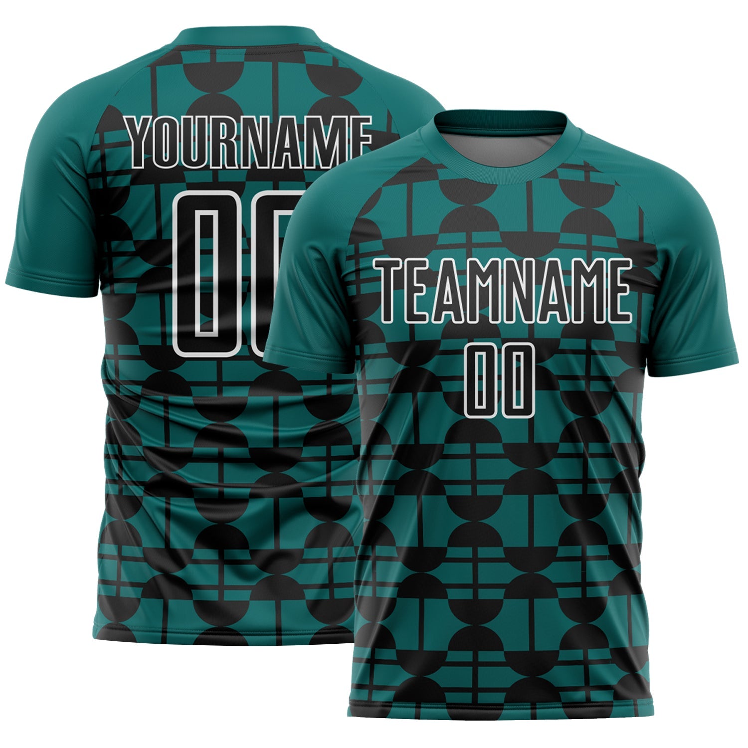 Custom Teal Black-White Geometric Shapes Sports Sublimation Soccer Uniform Jersey - Main View