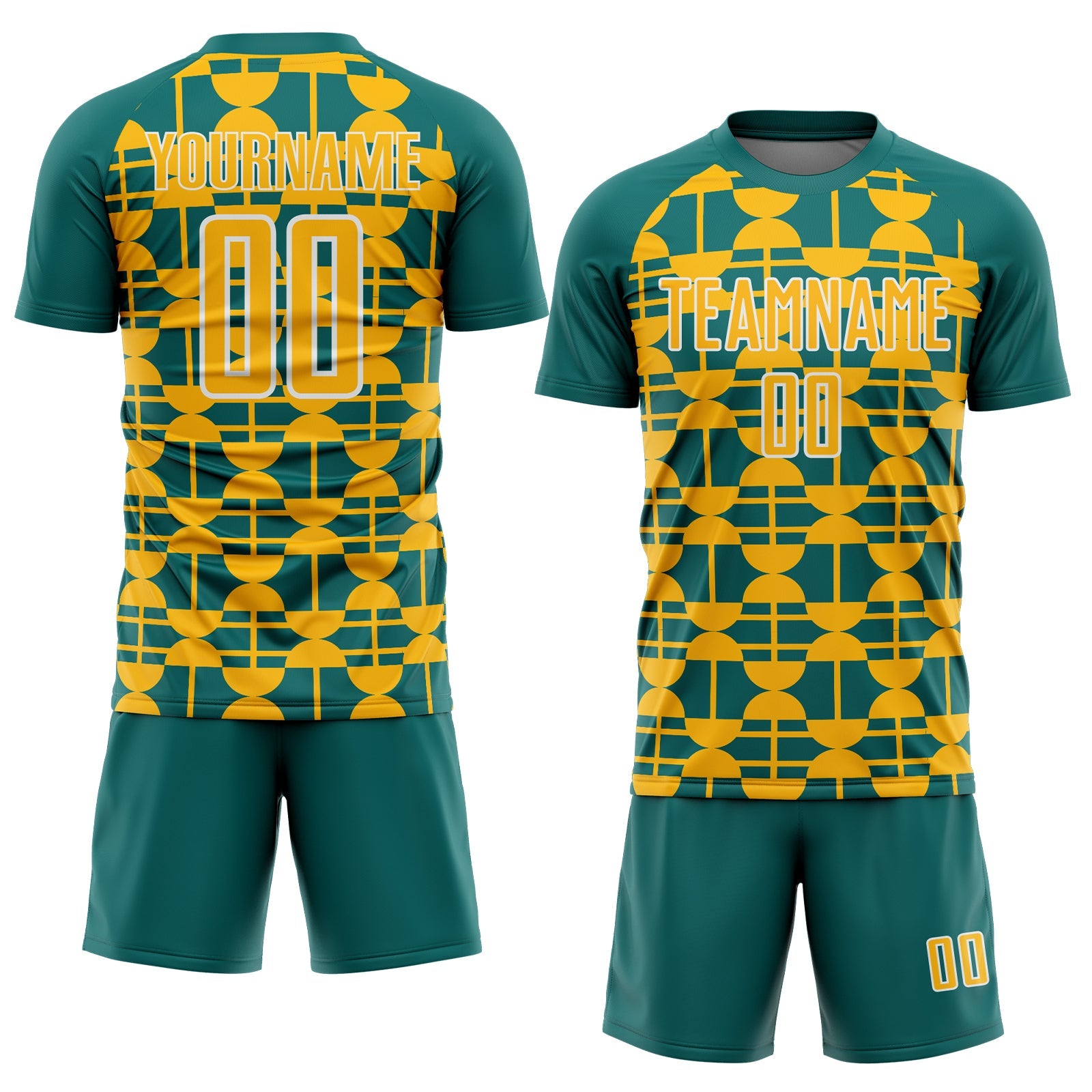 Custom Teal Gold-White Geometric Shapes Sports Sublimation Soccer Uniform Jersey view 2