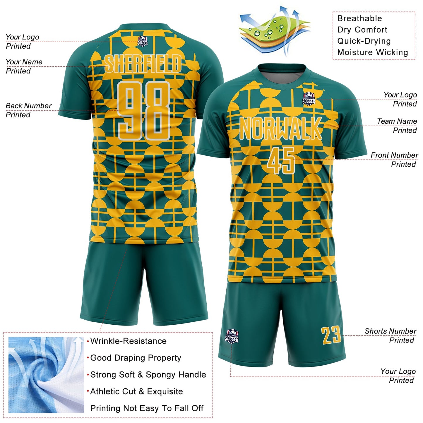 Custom Teal Gold-White Geometric Shapes Sports Sublimation Soccer Uniform Jersey view 4