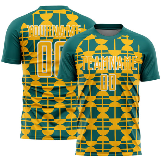 Custom Teal Gold-White Geometric Shapes Sports Sublimation Soccer Uniform Jersey - Main View