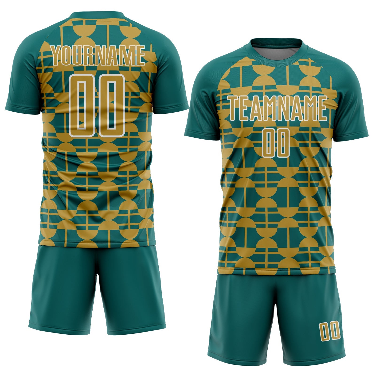 Custom Teal Old Gold-White Geometric Shapes Sports Sublimation Soccer Uniform Jersey view 2