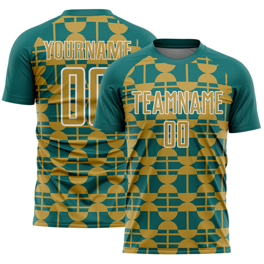 Custom Teal Old Gold-White Geometric Shapes Sports Sublimation Soccer Uniform Jersey - Main View