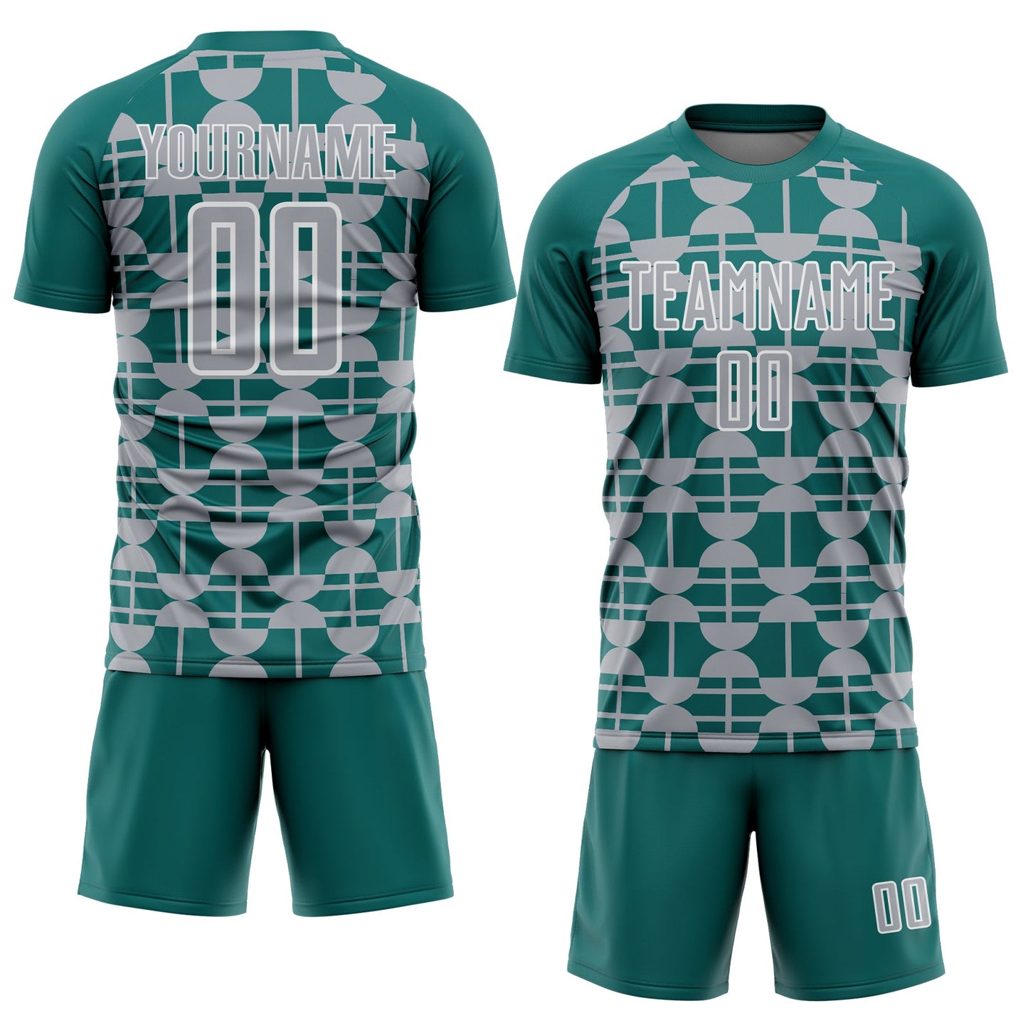 Custom Teal Gray-White Geometric Shapes Sports Sublimation Soccer Uniform Jersey view 2