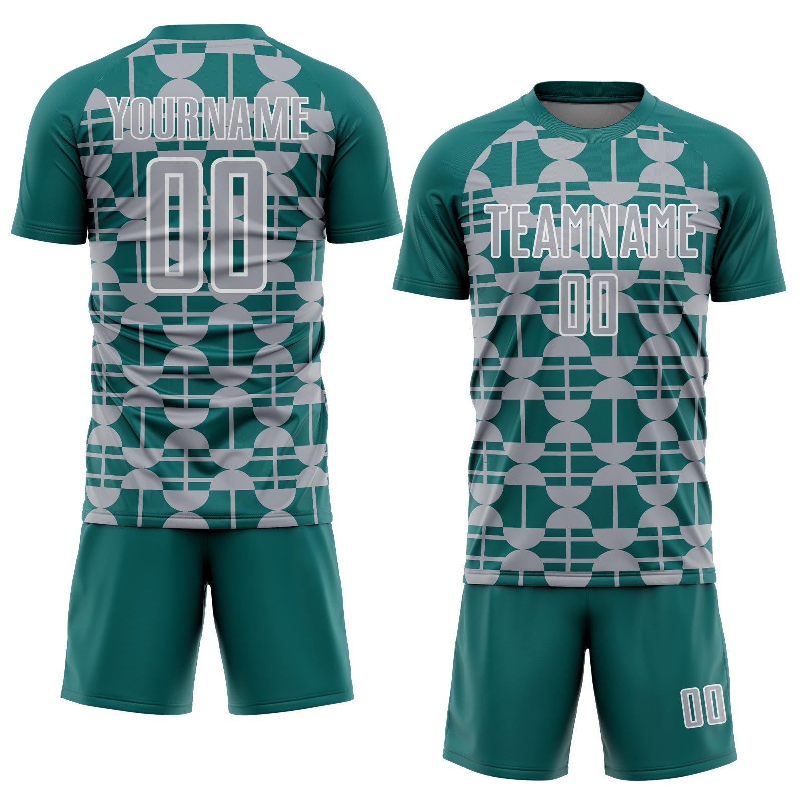 Custom Teal Gray-White Geometric Shapes Sports Sublimation Soccer Uniform Jersey view 2