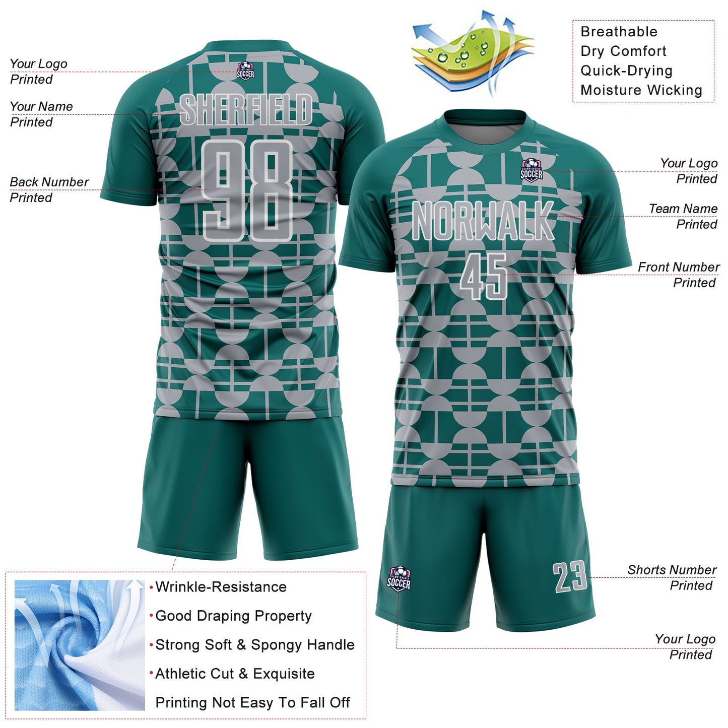 Custom Teal Gray-White Geometric Shapes Sports Sublimation Soccer Uniform Jersey view 4