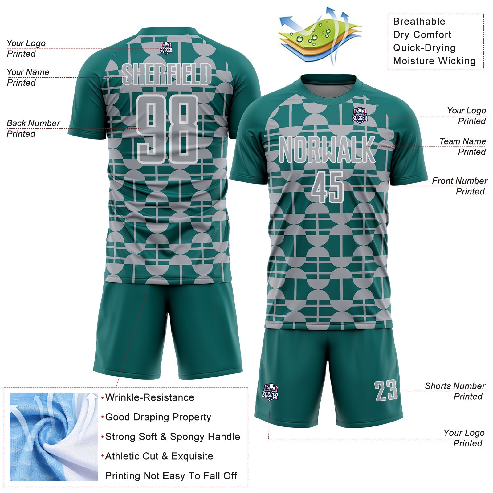 Custom Teal Gray-White Geometric Shapes Sports Sublimation Soccer Uniform Jersey view 4