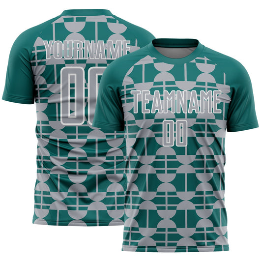 Custom Teal Gray-White Geometric Shapes Sports Sublimation Soccer Uniform Jersey - Main View