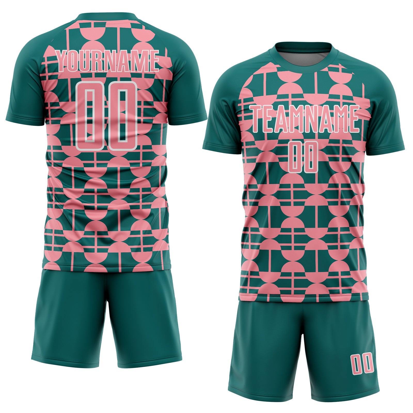 Custom Teal Medium Pink-White Geometric Shapes Sports Sublimation Soccer Uniform Jersey view 2